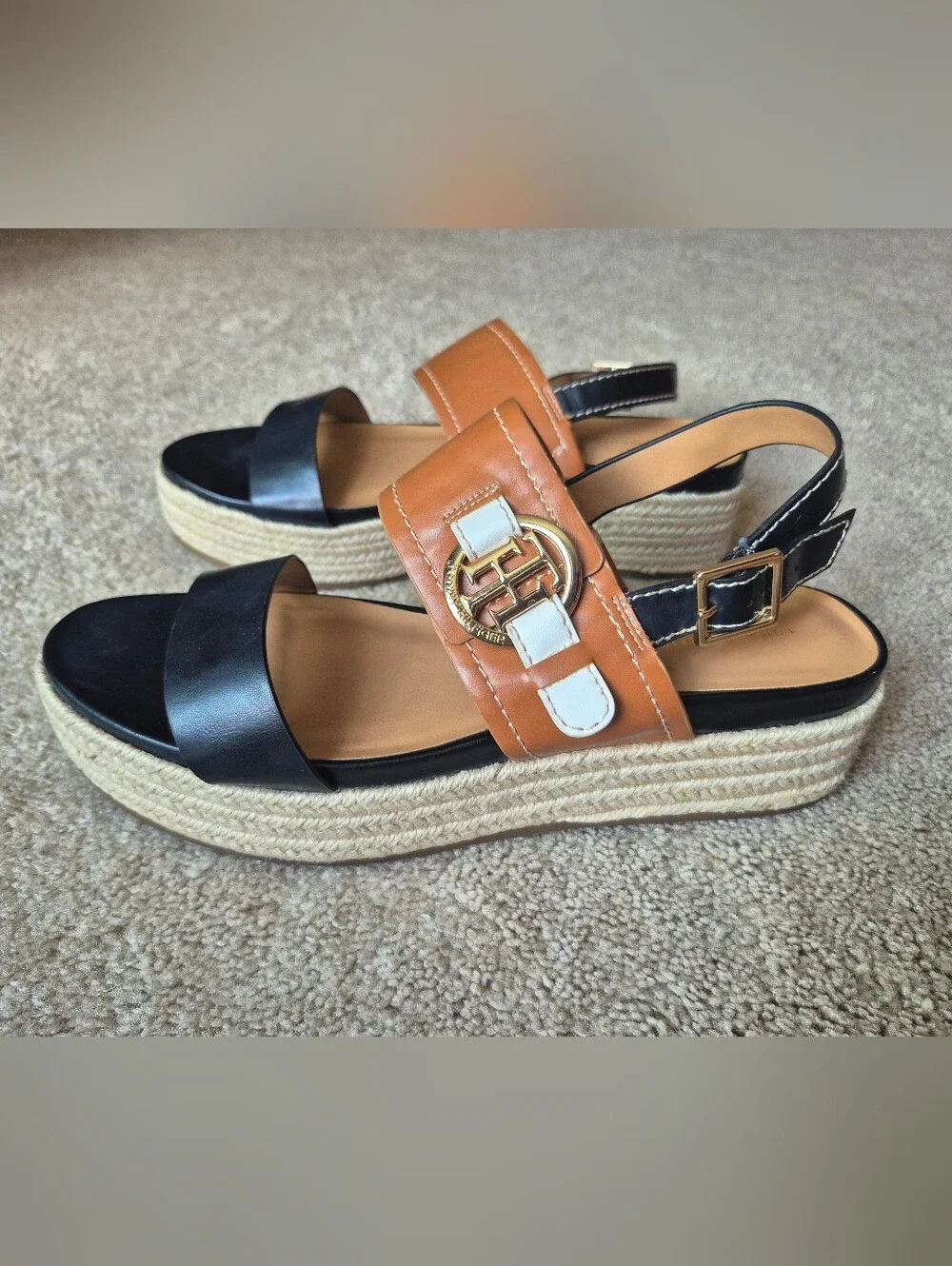 Tommy Hilfiger Two-Tone Black, Tan & White Espadrille Platform Sandals
